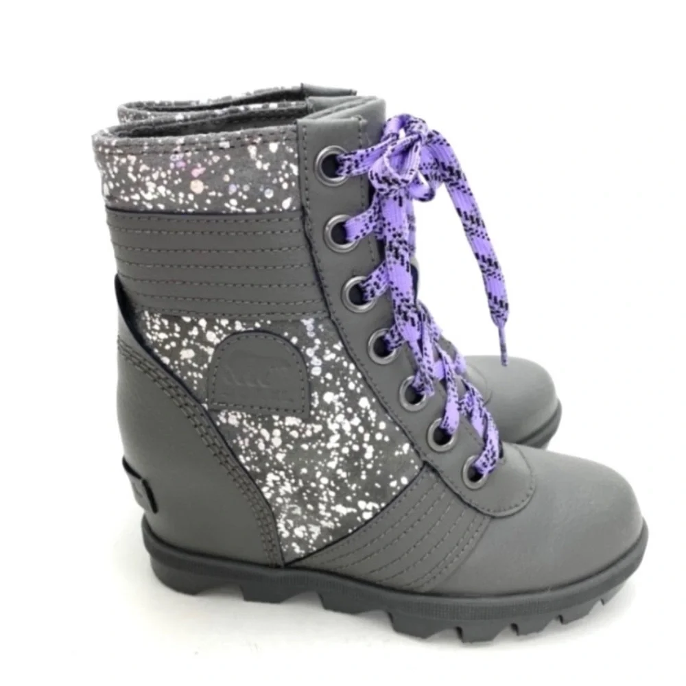 SOREL Lexie Leather Wedge Lace up Boots Metallic Silver Gray Style 182247105
